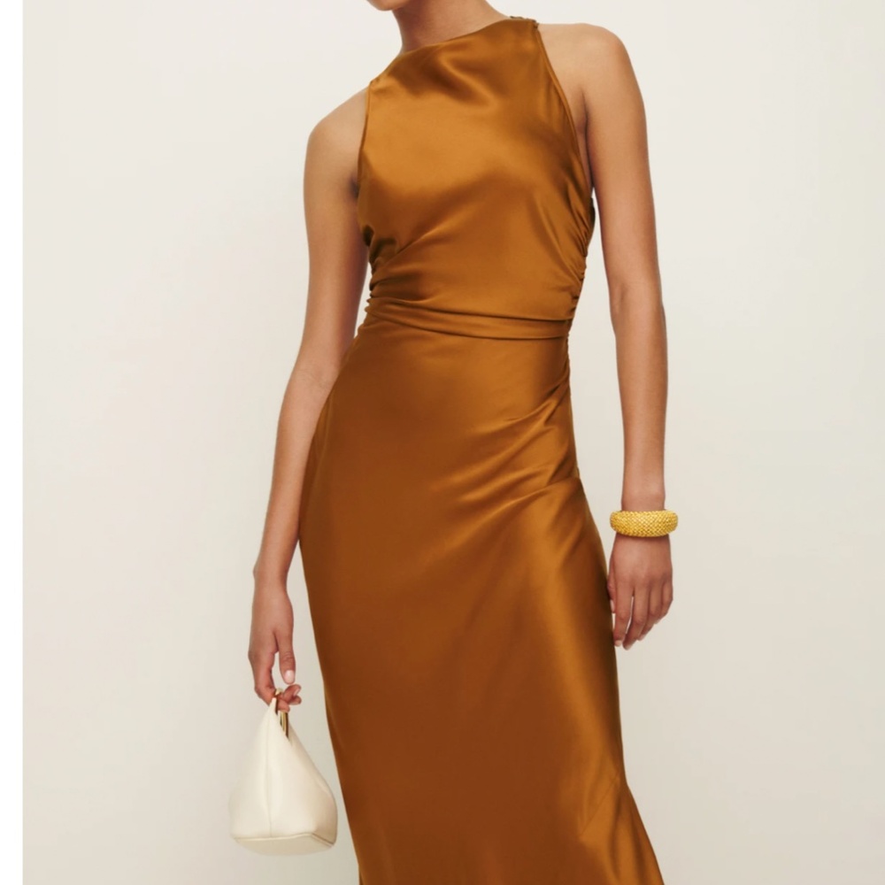 Reformation Bronze Satin Midi Dress